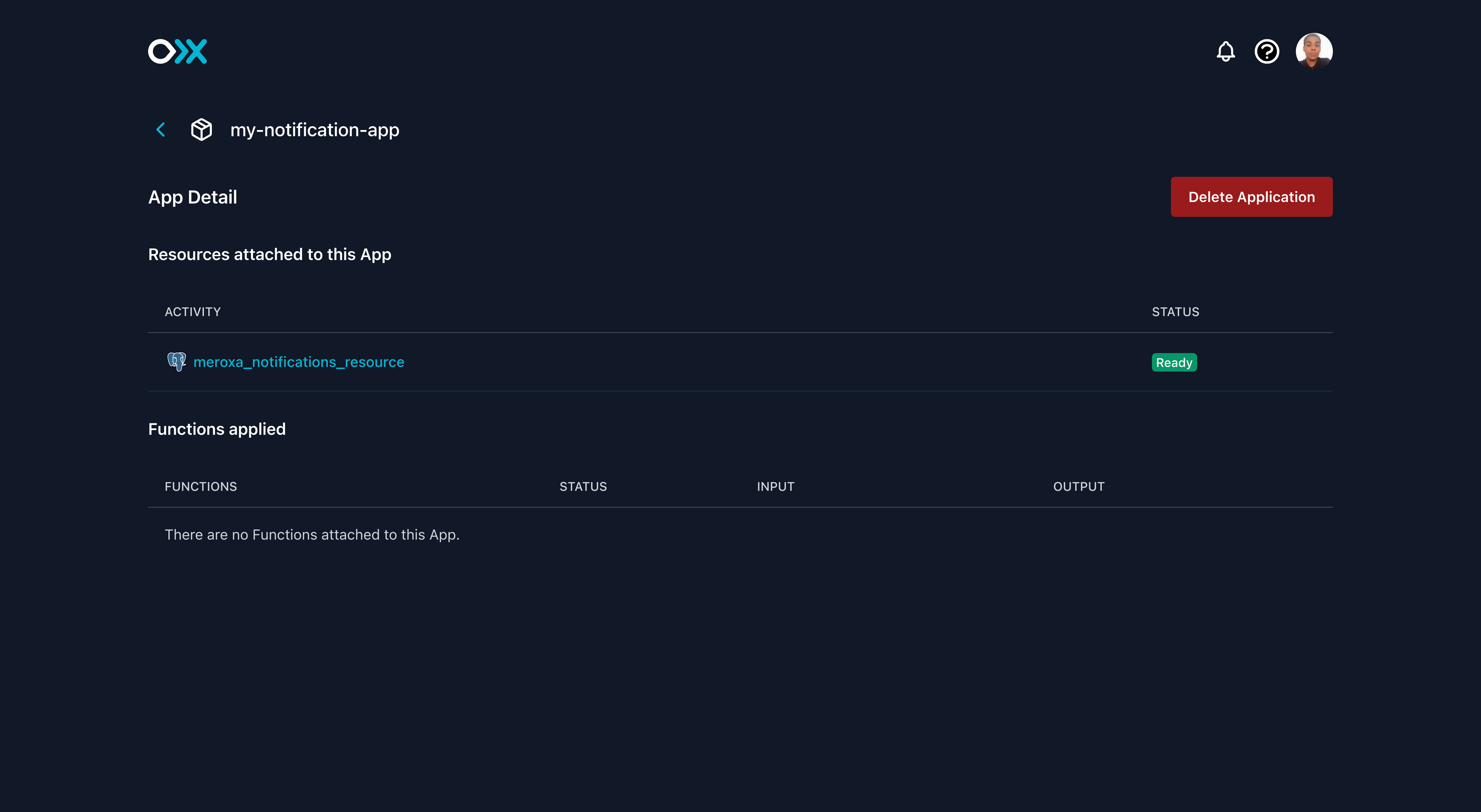 Meroxa Dashboard: Delete Application Action in the detail view of a Turbine Data Application