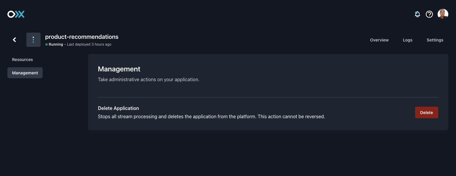Meroxa Dashboard: Confirmation dialog for deleting an application